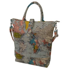 Vintage World Map Buckle Top Tote Bag by Cowasu