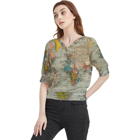 Vintage World Map Quarter Sleeve Blouse by Cowasu