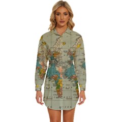 Vintage World Map Womens Long Sleeve Shirt Dress