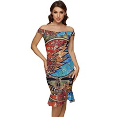 Grateful Dead Rock Band Off Shoulder Ruffle Split Hem Bodycon Dress by Cowasu