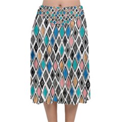 Diamond Shapes Pattern Velvet Flared Midi Skirt by Cowasu