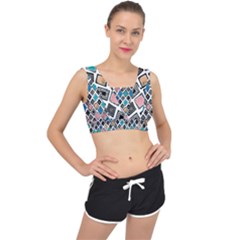 Diamond Shapes Pattern V-back Sports Bra by Cowasu