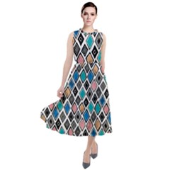 Diamond Shapes Pattern Round Neck Boho Dress by Cowasu