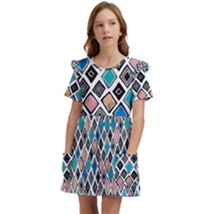 Diamond Shapes Pattern Kids  Frilly Sleeves Pocket Dress by Cowasu