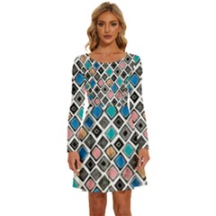 Diamond Shapes Pattern Long Sleeve Wide Neck Velvet Dress by Cowasu