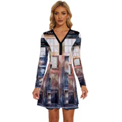 Tardis Doctor Who Transparent Long Sleeve Deep V Mini Dress  by Cowasu