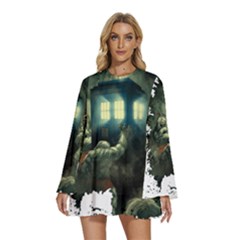 Time Machine Doctor Who Round Neck Long Sleeve Bohemian Style Chiffon Mini Dress by Cowasu