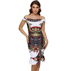 Samurai Katana Warrior Off Shoulder Ruffle Split Hem Bodycon Dress by Cowasu