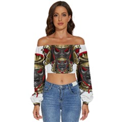 Samurai Katana Warrior Long Sleeve Crinkled Weave Crop Top by Cowasu