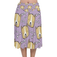 Corgi Pattern Velvet Flared Midi Skirt by Cowasu