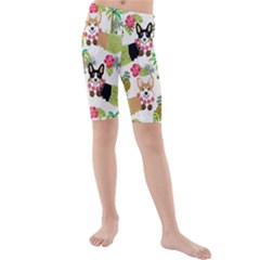 Corgis Hula Pattern Kids  Mid Length Swim Shorts by Cowasu