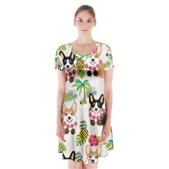 Corgis Hula Pattern Short Sleeve V-neck Flare Dress by Cowasu