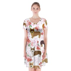 Corgis Corgi Pattern Short Sleeve V-neck Flare Dress by Cowasu