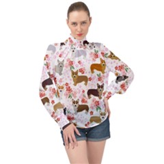 Corgis Corgi Pattern High Neck Long Sleeve Chiffon Top