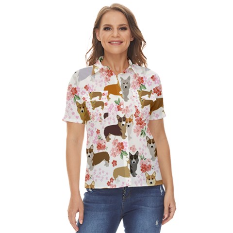 Corgis Corgi Pattern Women s Short Sleeve Double Pocket Shirt by Cowasu