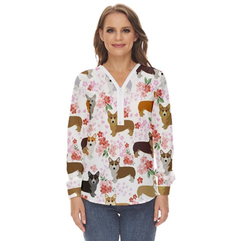 Corgis Corgi Pattern Zip Up Long Sleeve Blouse by Cowasu