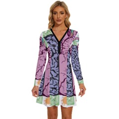 Brain-heart-balance-emotion Long Sleeve Deep V Mini Dress  by Cowasu