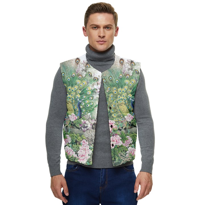 Peafowl Peacock Feather-beautiful Men s Button Up Puffer Vest	