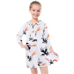 Dragon-phoenix-fire-bird-ancient Kids  Quarter Sleeve Shirt Dress by Cowasu