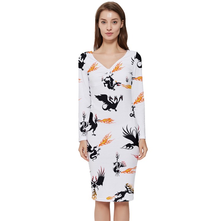 Dragon-phoenix-fire-bird-ancient Long Sleeve V-Neck Bodycon Dress 