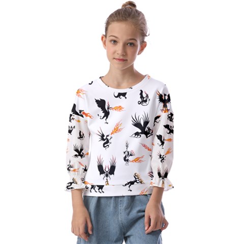 Dragon-phoenix-fire-bird-ancient Kids  Cuff Sleeve Top by Cowasu