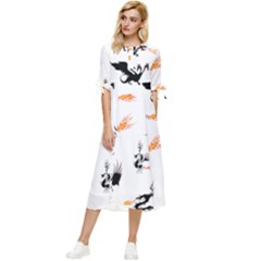 Dragon-phoenix-fire-bird-ancient Bow Sleeve Chiffon Midi Dress by Cowasu