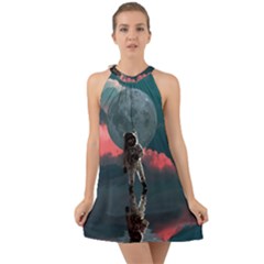 Astronaut-moon-space-nasa-planet Halter Tie Back Chiffon Dress by Cowasu