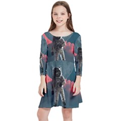 Astronaut-moon-space-nasa-planet Kids  Quarter Sleeve Skater Dress by Cowasu