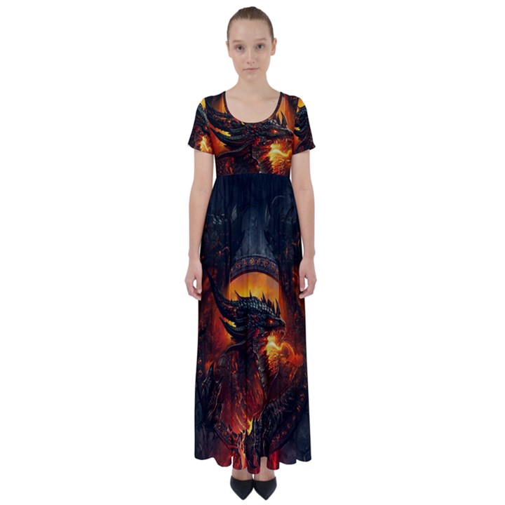 Dragon Fire Fantasy Art High Waist Short Sleeve Maxi Dress