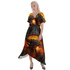 Dragon Fire Fantasy Art Cross Front Sharkbite Hem Maxi Dress by Cowasu