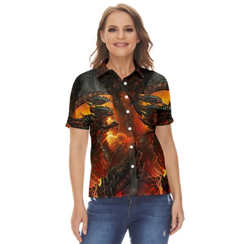 Dragon Fire Fantasy Art Women s Short Sleeve Double Pocket Shirt by Cowasu