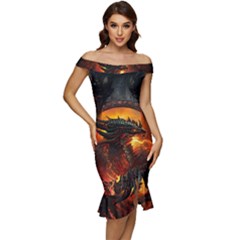 Dragon Fire Fantasy Art Off Shoulder Ruffle Split Hem Bodycon Dress by Cowasu