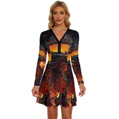 Dragon Fire Fantasy Art Long Sleeve Deep V Mini Dress  by Cowasu