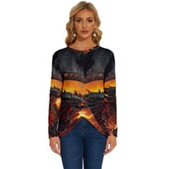 Dragon Fire Fantasy Art Long Sleeve Crew Neck Pullover Top by Cowasu