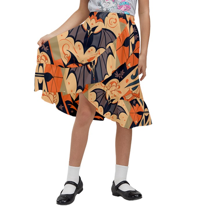 Bat pattern Kids  Ruffle Flared Wrap Midi Skirt