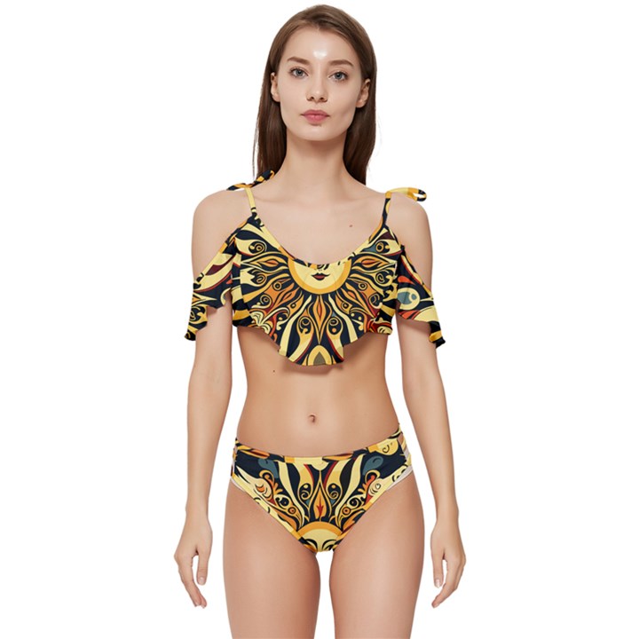 Boho sun Ruffle Edge Tie Up Bikini Set	