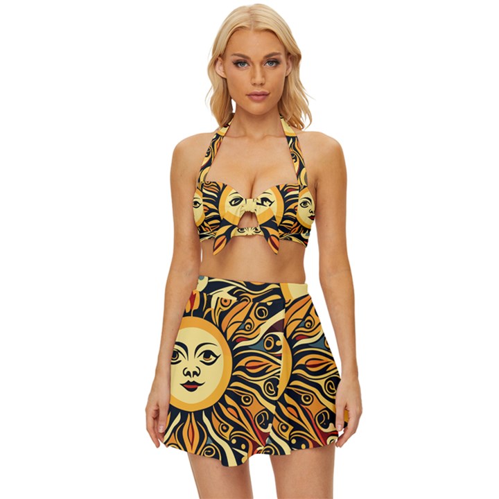 Boho sun Vintage Style Bikini Top and Skirt Set 