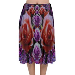 Night So Peaceful In The World Of Roses Velvet Flared Midi Skirt