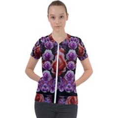 Night So Peaceful In The World Of Roses Short Sleeve Zip Up Jacket by pepitasart