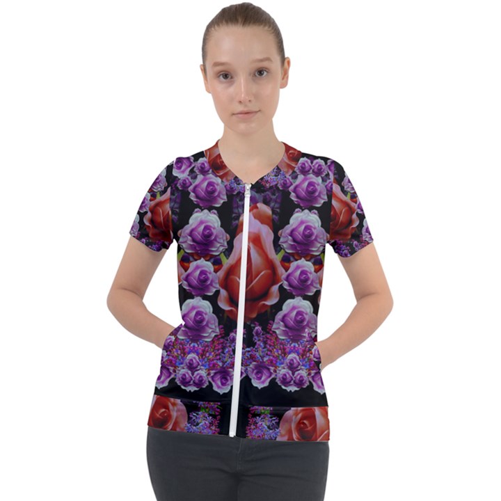 Night So Peaceful In The World Of Roses Short Sleeve Zip Up Jacket