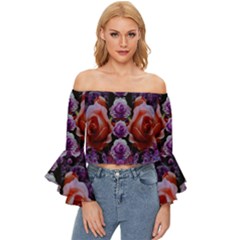 Night So Peaceful In The World Of Roses Off Shoulder Flutter Bell Sleeve Top