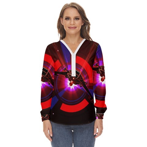 Science-fiction-cover-adventure Zip Up Long Sleeve Blouse by Cowasu