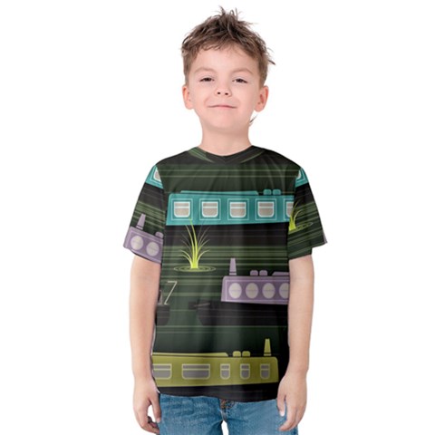 Narrow-boats-scene-pattern Kids  Cotton T-shirt by Cowasu