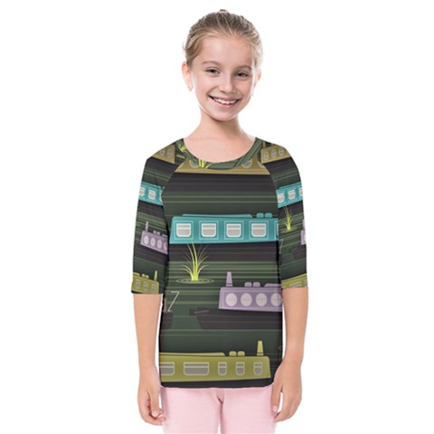 Narrow-boats-scene-pattern Kids  Quarter Sleeve Raglan T-shirt by Cowasu