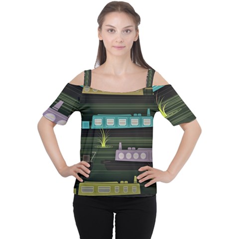 Narrow-boats-scene-pattern Cutout Shoulder T-shirt by Cowasu