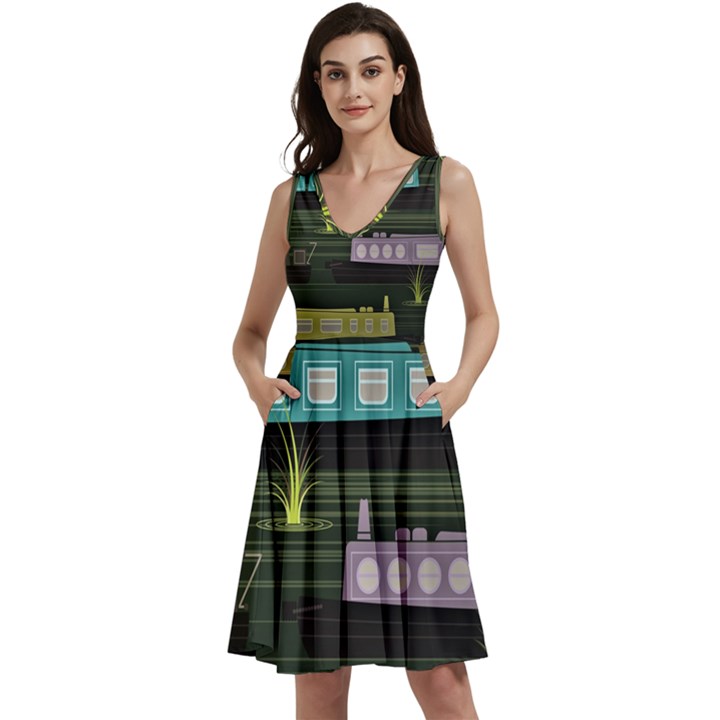 Narrow-boats-scene-pattern Sleeveless V-Neck Skater Dress with Pockets