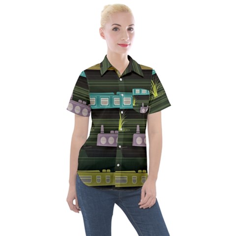 Narrow-boats-scene-pattern Women s Short Sleeve Pocket Shirt by Cowasu