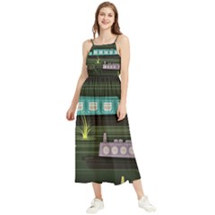 Narrow-boats-scene-pattern Boho Sleeveless Summer Dress by Cowasu