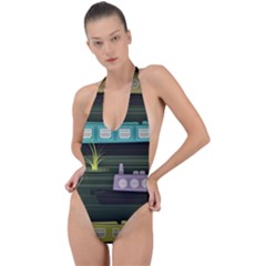 Narrow-boats-scene-pattern Backless Halter One Piece Swimsuit by Cowasu