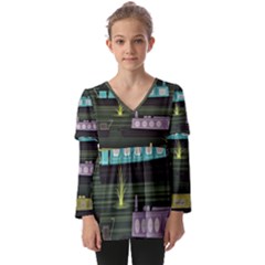 Narrow-boats-scene-pattern Kids  V Neck Casual Top by Cowasu